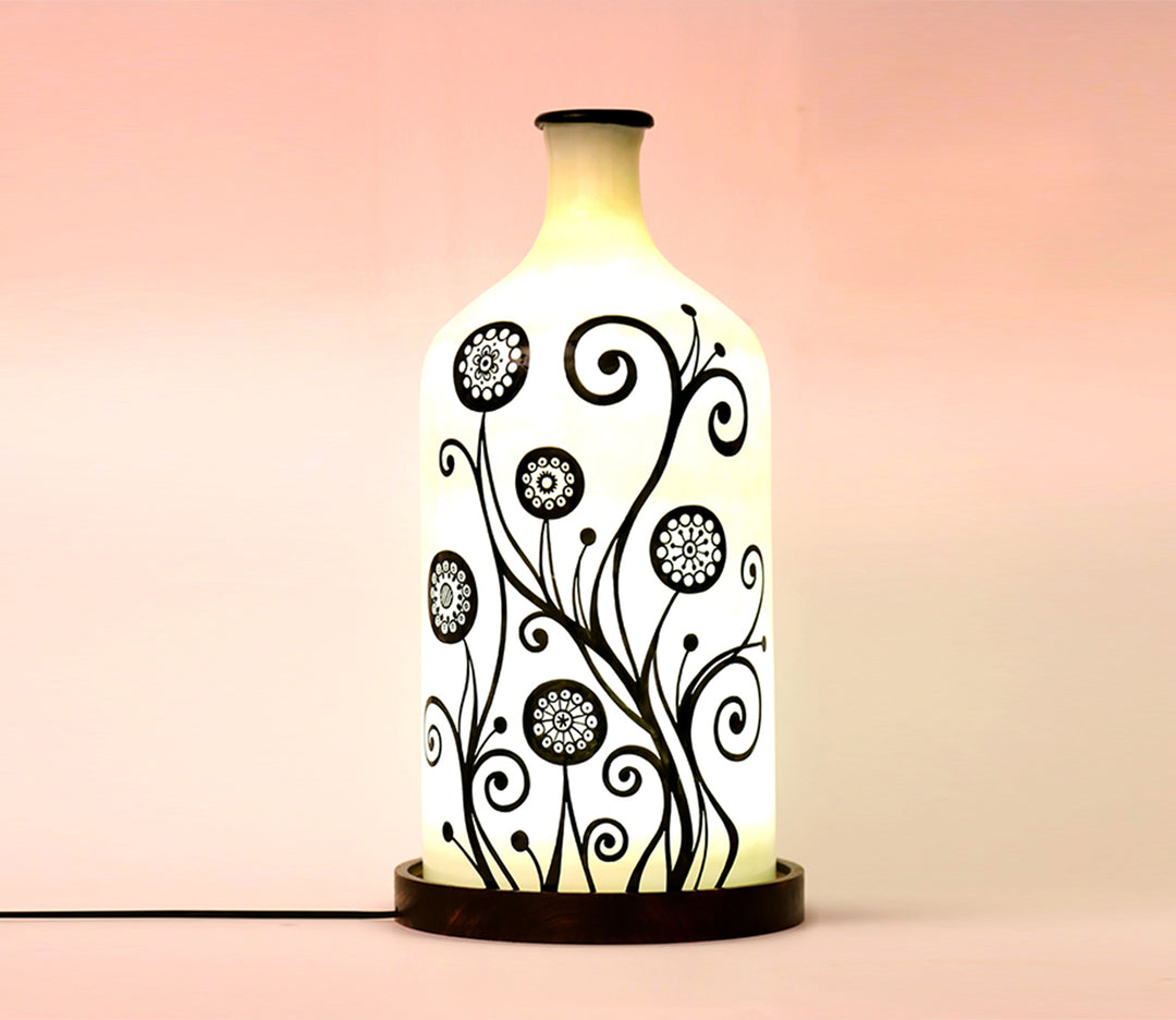 Hand-Painted Glass Table Lamp with Wooden Base