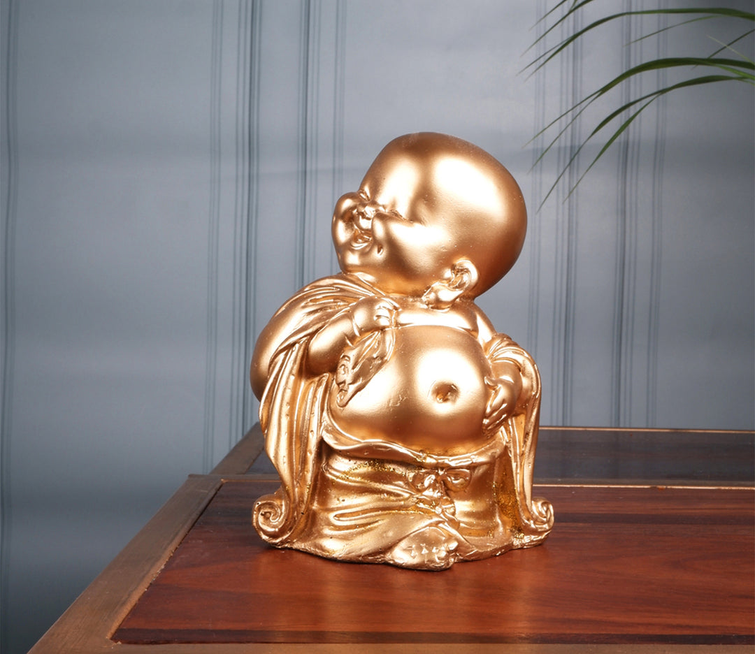 Golden Resin Monk Figurines | Golden Set of 2 Happy Monk Figurines