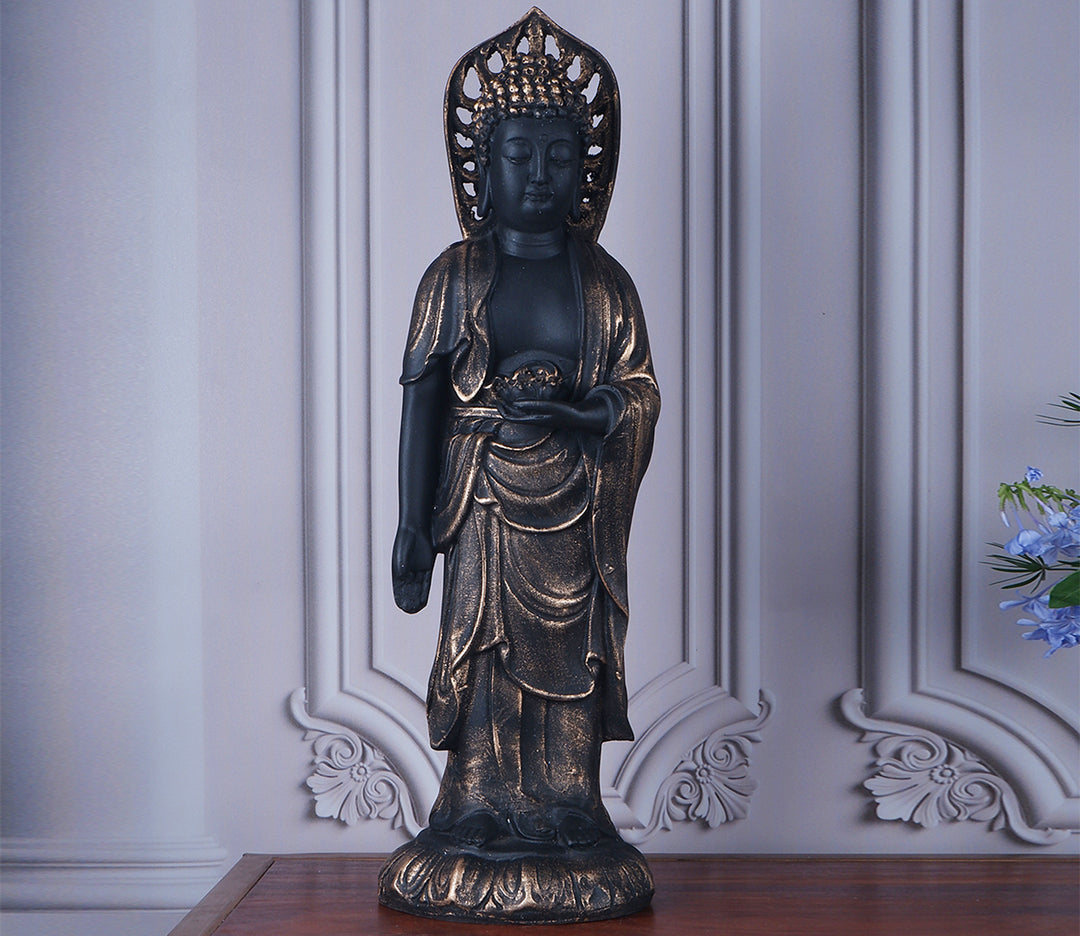 Serene Black Polyresin Standing Buddha Statue