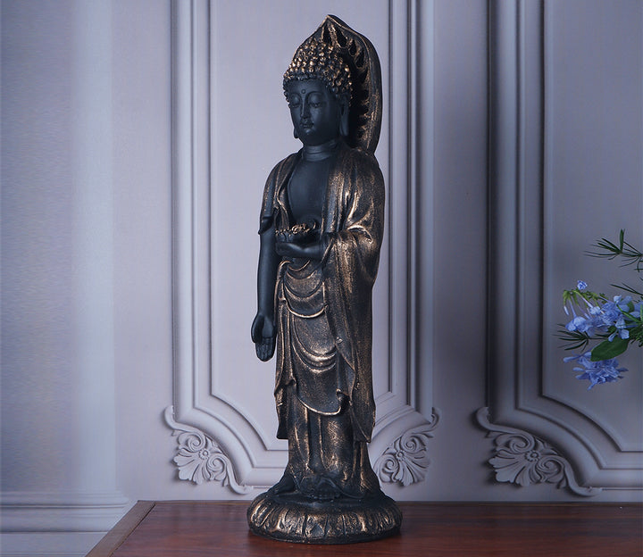 Serene Black Polyresin Standing Buddha Statue