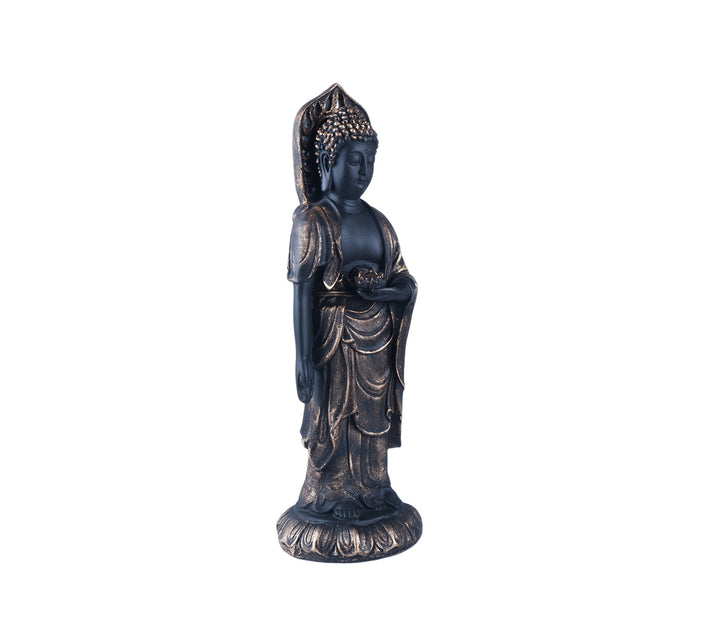 Serene Black Polyresin Standing Buddha Statue