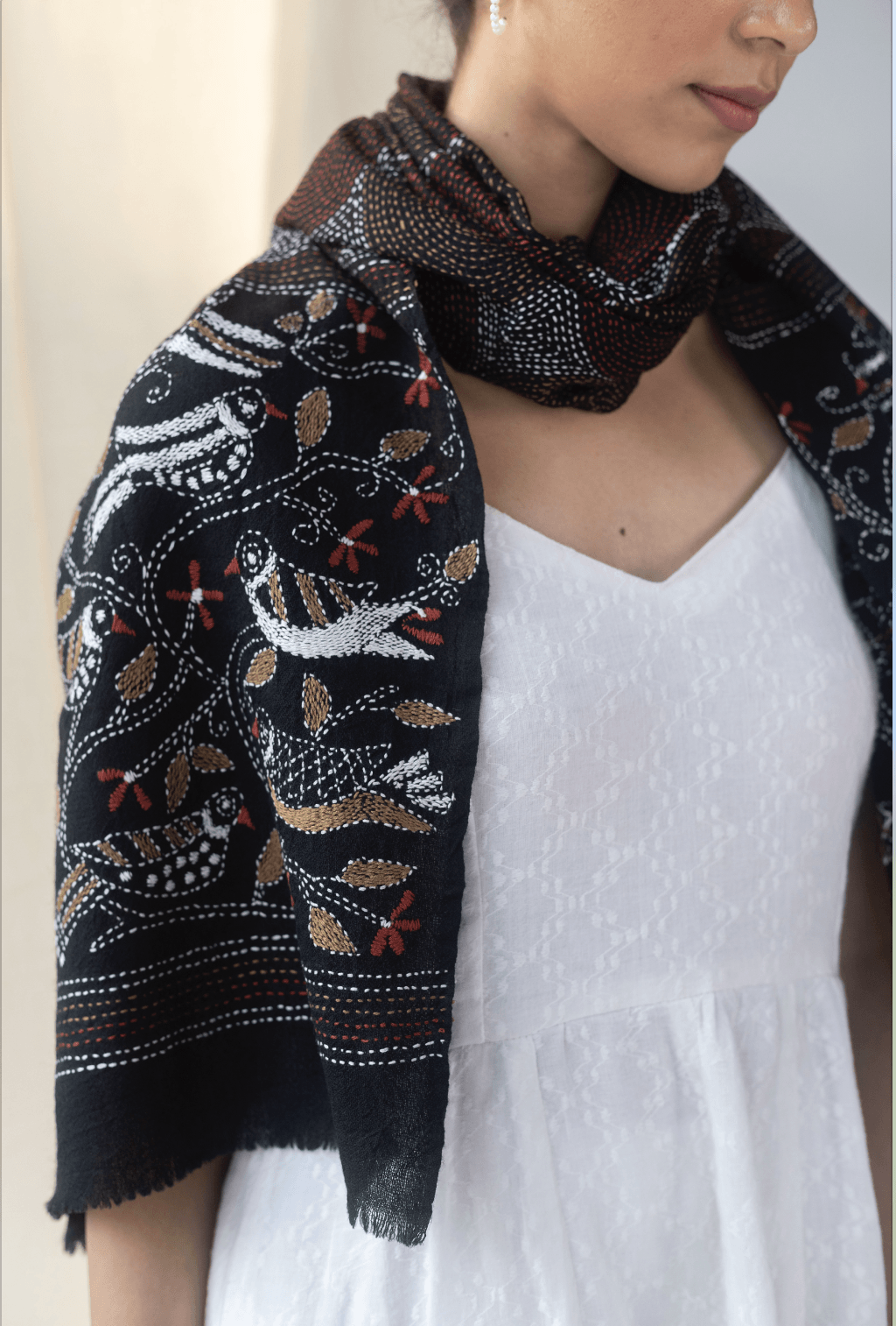 Kantha Hand Embroidered Cashmere Stole - Dry Clean Only | Azura Cashmere Stole - Black