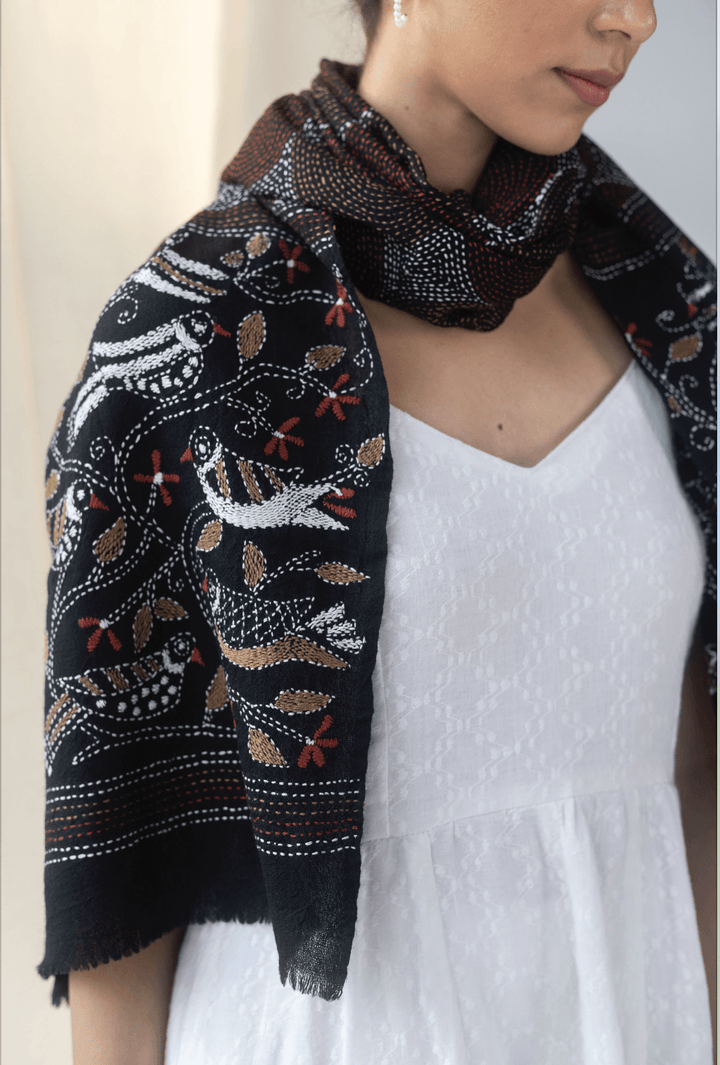 Kantha Hand Embroidered Cashmere Stole - Dry Clean Only | Azura Cashmere Stole - Black