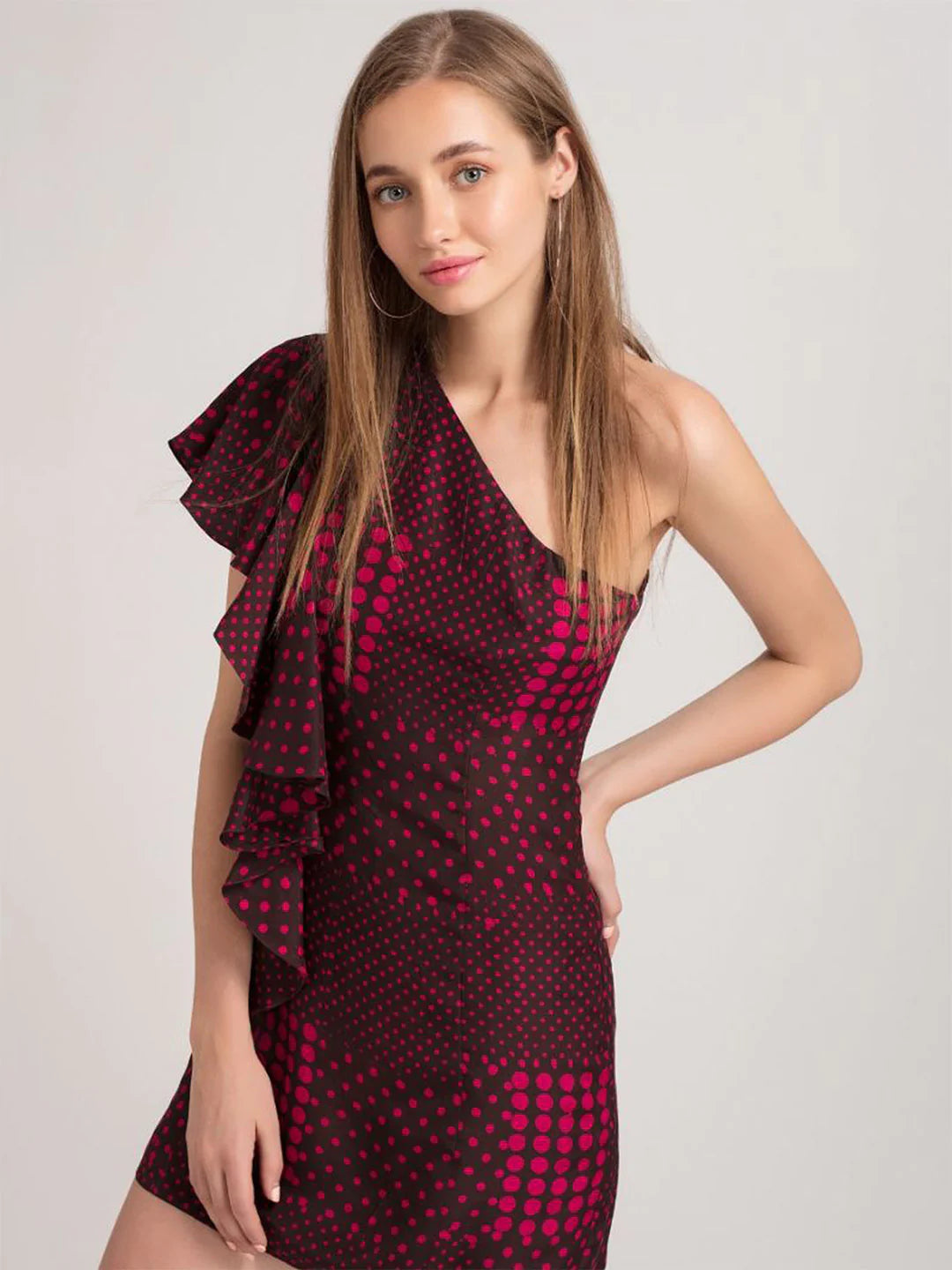 One-Shoulder Dress for Women | Dazzling Fuchsia Polka One-Shoulder Dress