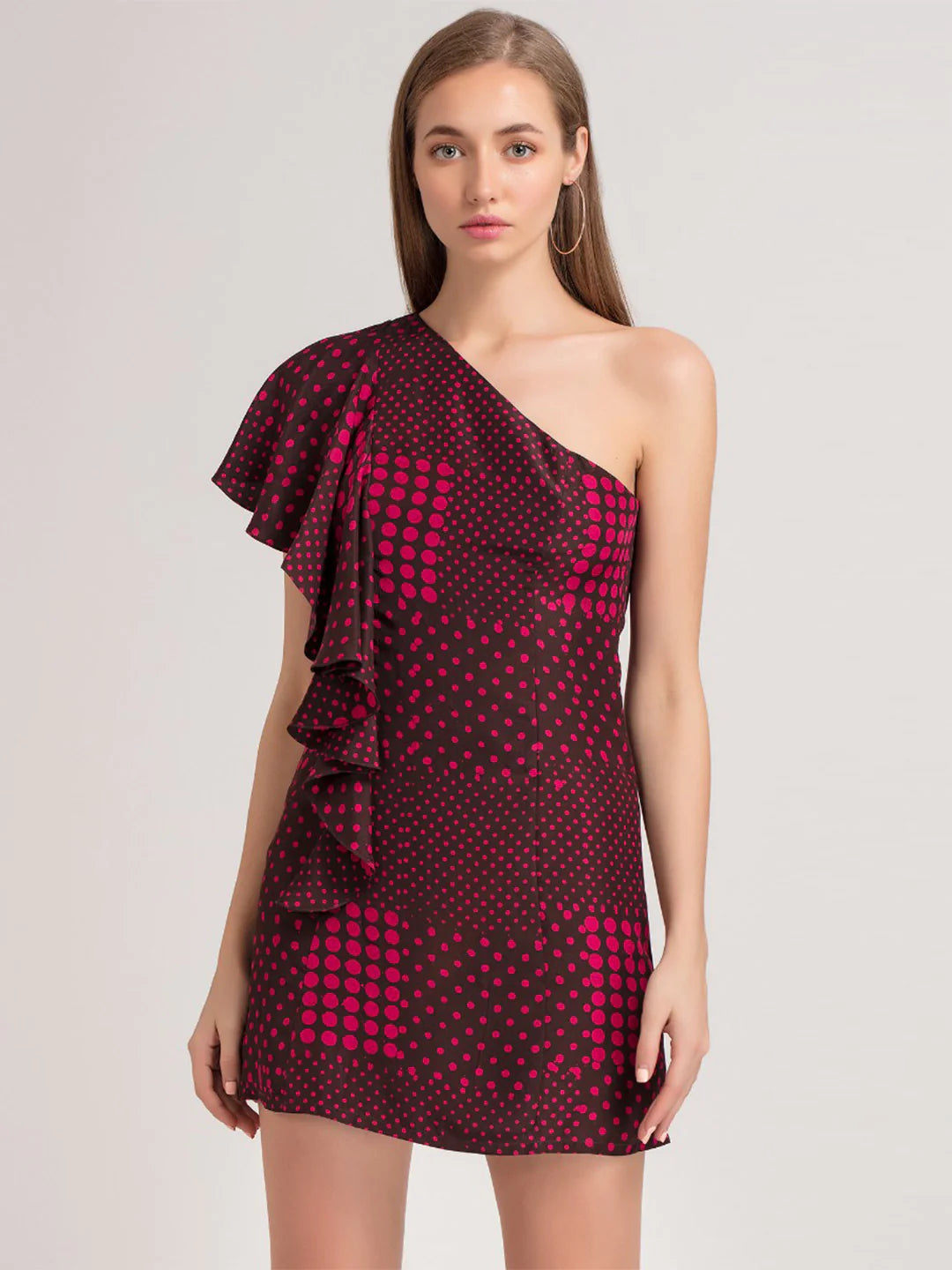 One-Shoulder Dress for Women | Dazzling Fuchsia Polka One-Shoulder Dress