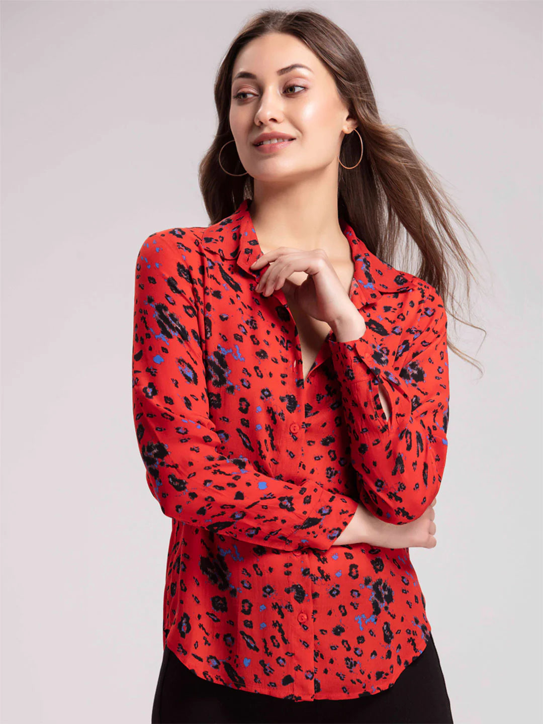 Button-Down Shirt for Women | Red Printed Modal Satin Buttondown Shirt