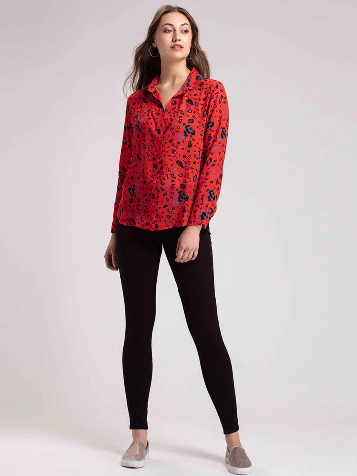 Button-Down Shirt for Women | Red Printed Modal Satin Buttondown Shirt