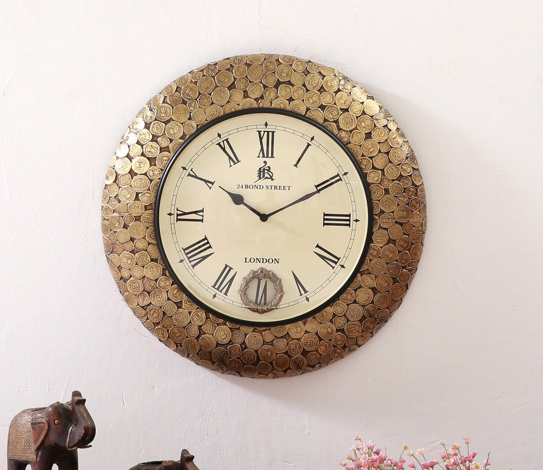 Vintage Style Brass Wall Clock with Coin Inlay
