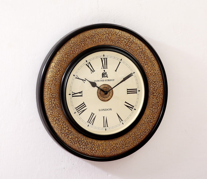 Large Wooden Wall Clock with Brass Frame