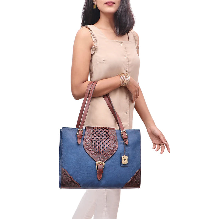 Sapphire Leather Tote Bag | Sapphire Burnt Tote Bag