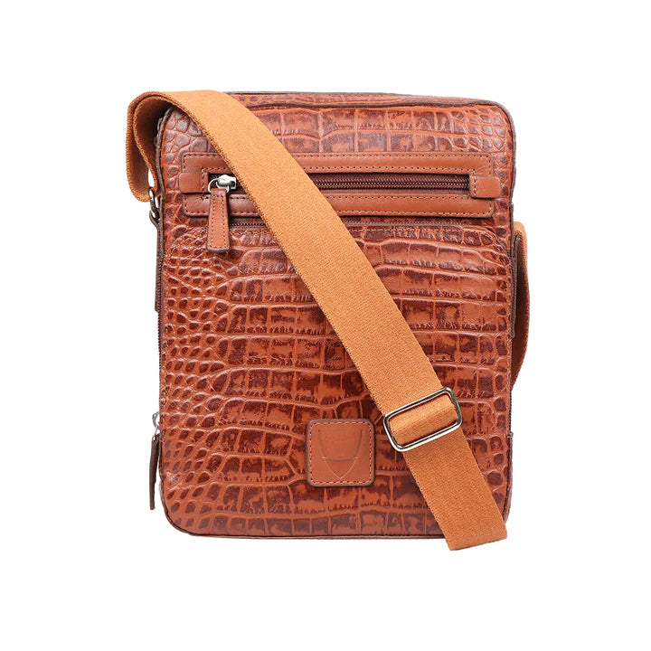 Men's Tan Croco Crossbody Bag, Adjustable Strap | Tan Croco Men's Crossbody