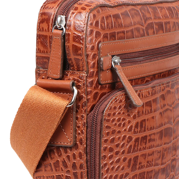 Men's Tan Croco Crossbody Bag, Adjustable Strap | Tan Croco Men's Crossbody