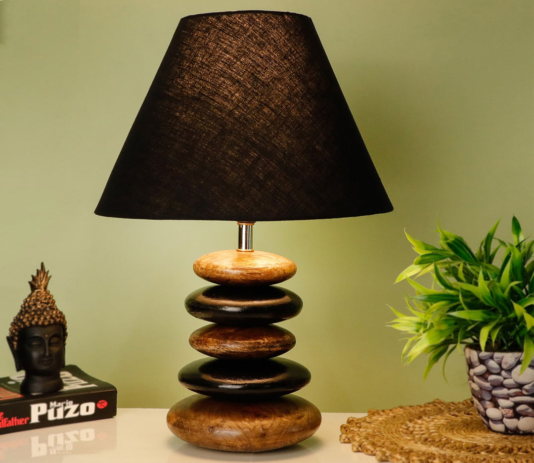 Wood Pebble Table Lamp with Black Fabric Shade