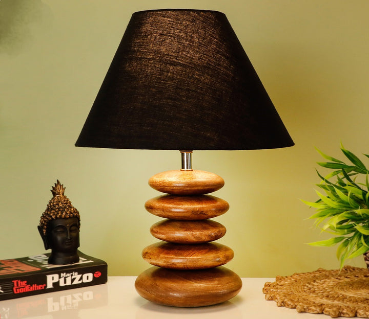 Sheesham Wood Pebble Table Lamp with Black Fabric Shade