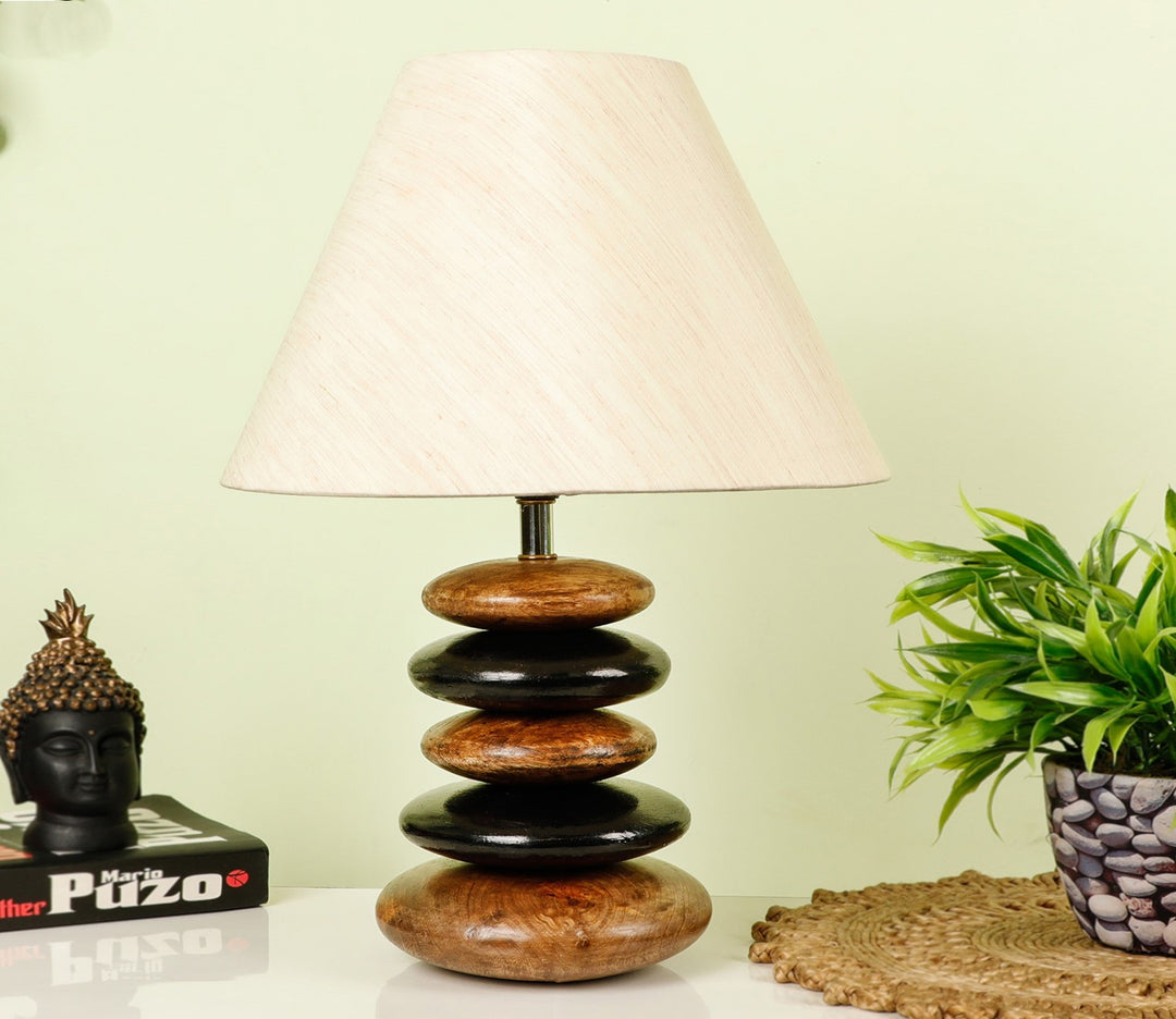 Handcrafted Sheesham Wood Table Lamp with Brown and Black Pebbles and Beige Shade
