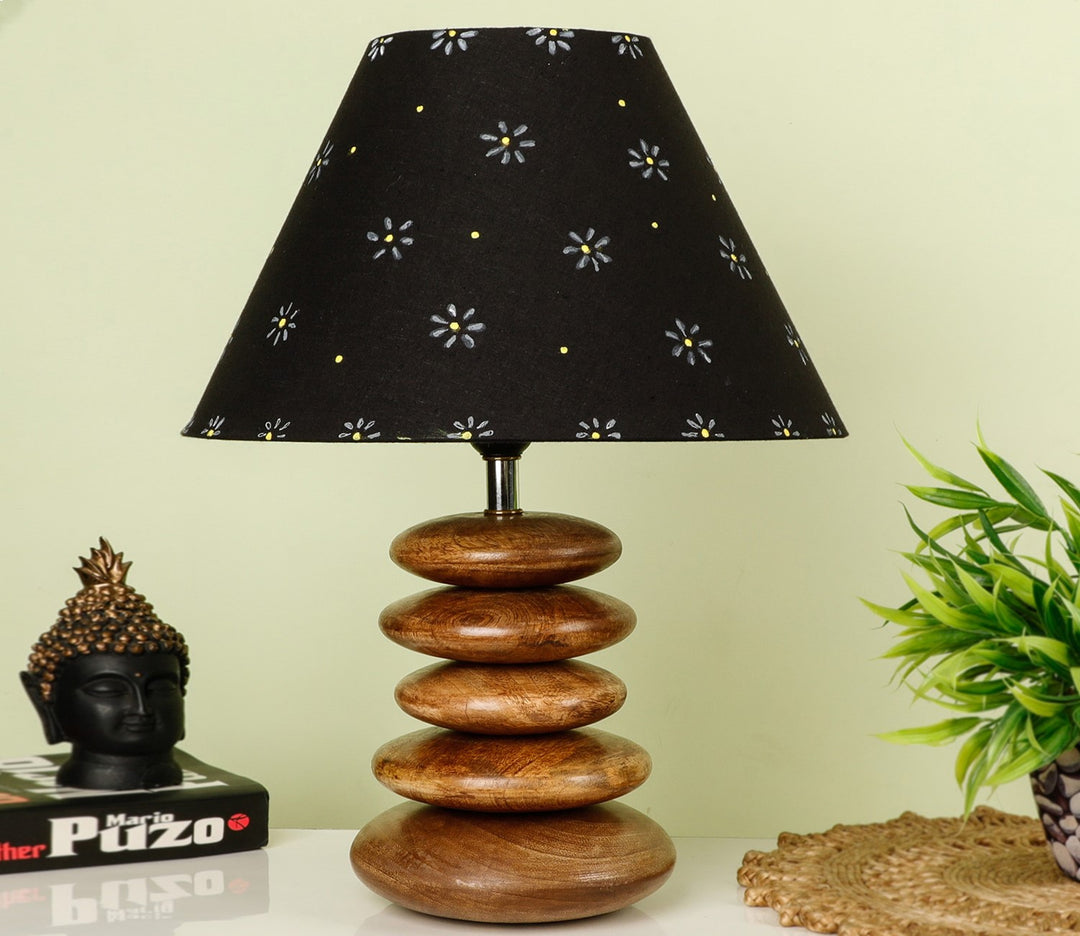 Wood Pebble Lamp with Black Shade