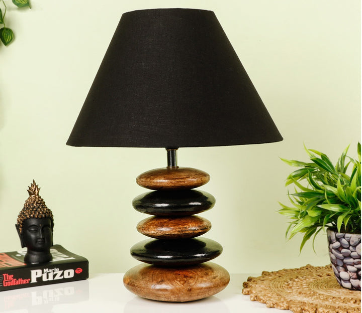 Wood Pebble Table Lamp with Black Fabric Shade