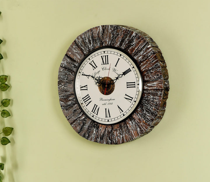 Rustic Square Wall Clock Textured Tree Bark in Whitewash
