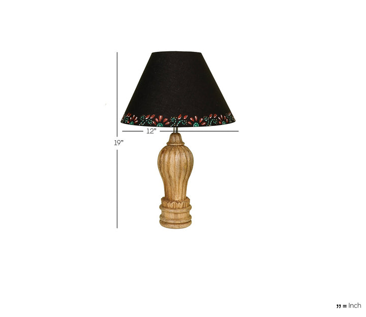 Hand-Carved Sheesham Wood Table Lamp with Sculptural Base & Bordered Black Shade (Large)