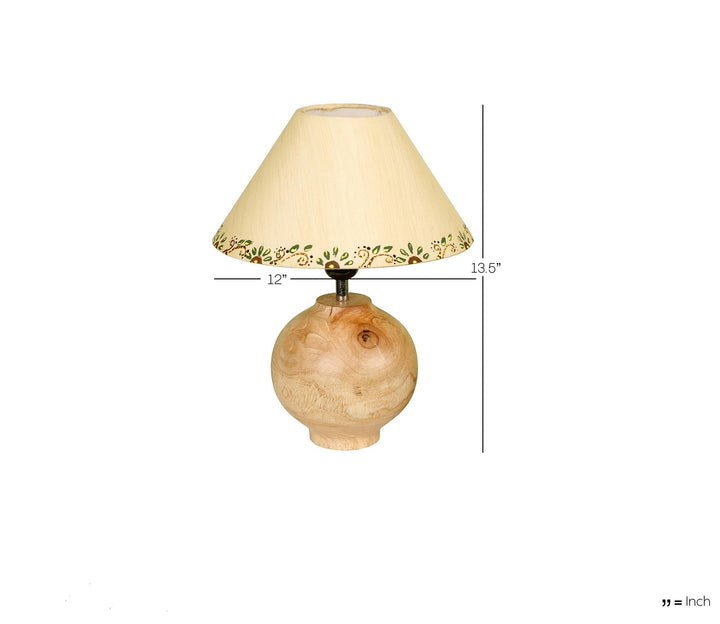 Hand-Carved Sheesham Wood Table Lamp with Minimalist Base & Bordered Beige Shade (Medium)