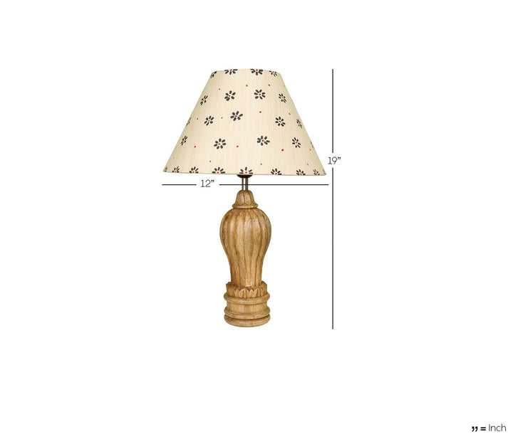 Hand-Carved Sheesham Wood Table Lamp with Sculptural Base & Floral Shade (Large)
