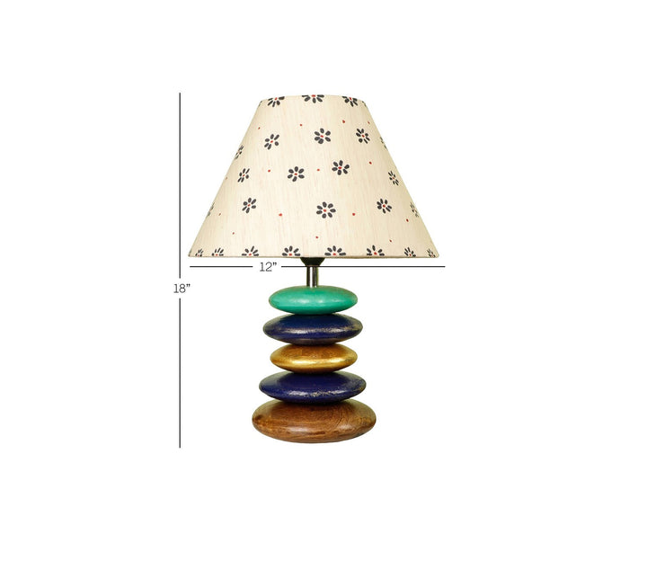 Handcrafted Wooden Table Lamp with Blue Accents and Floral Shade