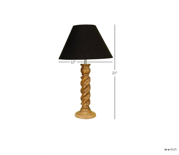 Hand-Carved Sheesham Wood Table Lamp with Textured Rope Base & Black Shade (Large)