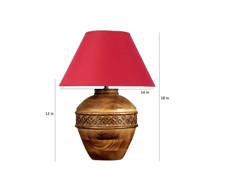Wood Table Lamp with Maroon Cotton Shade