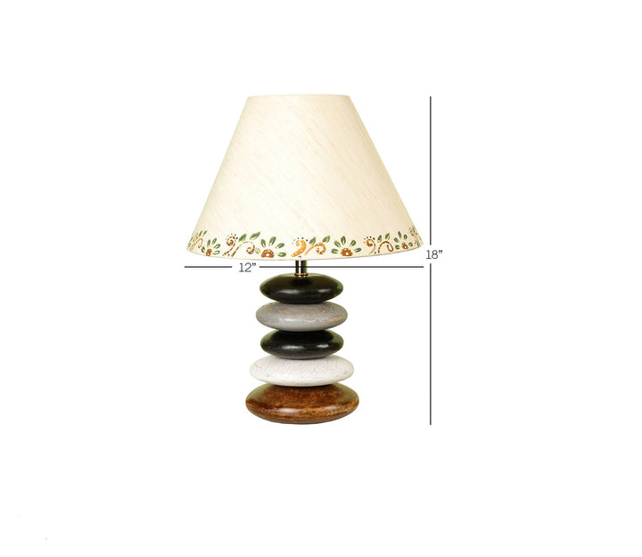 Handcrafted Distressed Wood Table Lamp with Multicolor Accents and Beige Shade