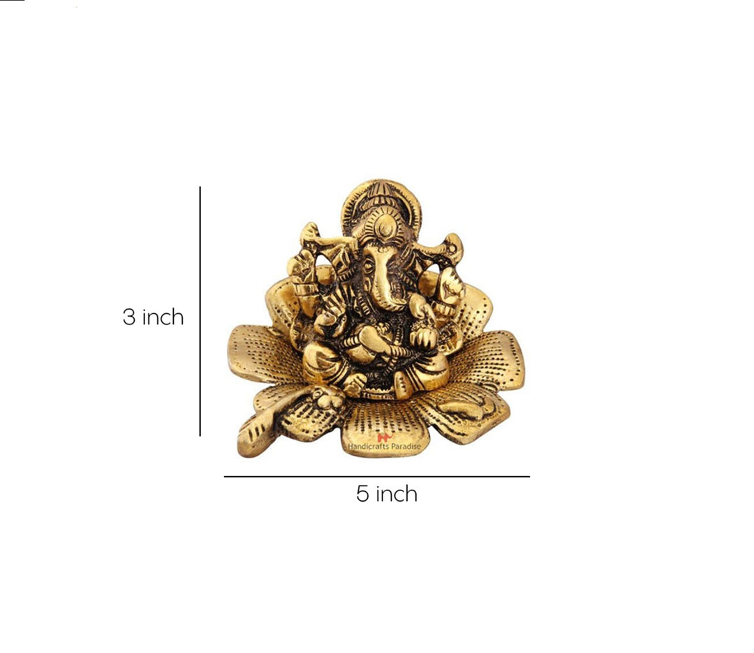 Antique Gold Ganesha on Flower Idol | Ganesha on Flower in Metal Antique Gold Plated