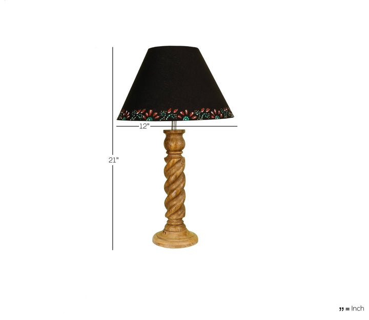 Hand-Carved Sheesham Wood Table Lamp with Textured Rope Base & Bordered Black Shade (Large)