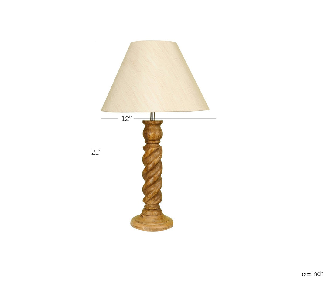 Hand-Carved Sheesham Wood Table Lamp with Textured Rope Base & Beige Shade (Large)