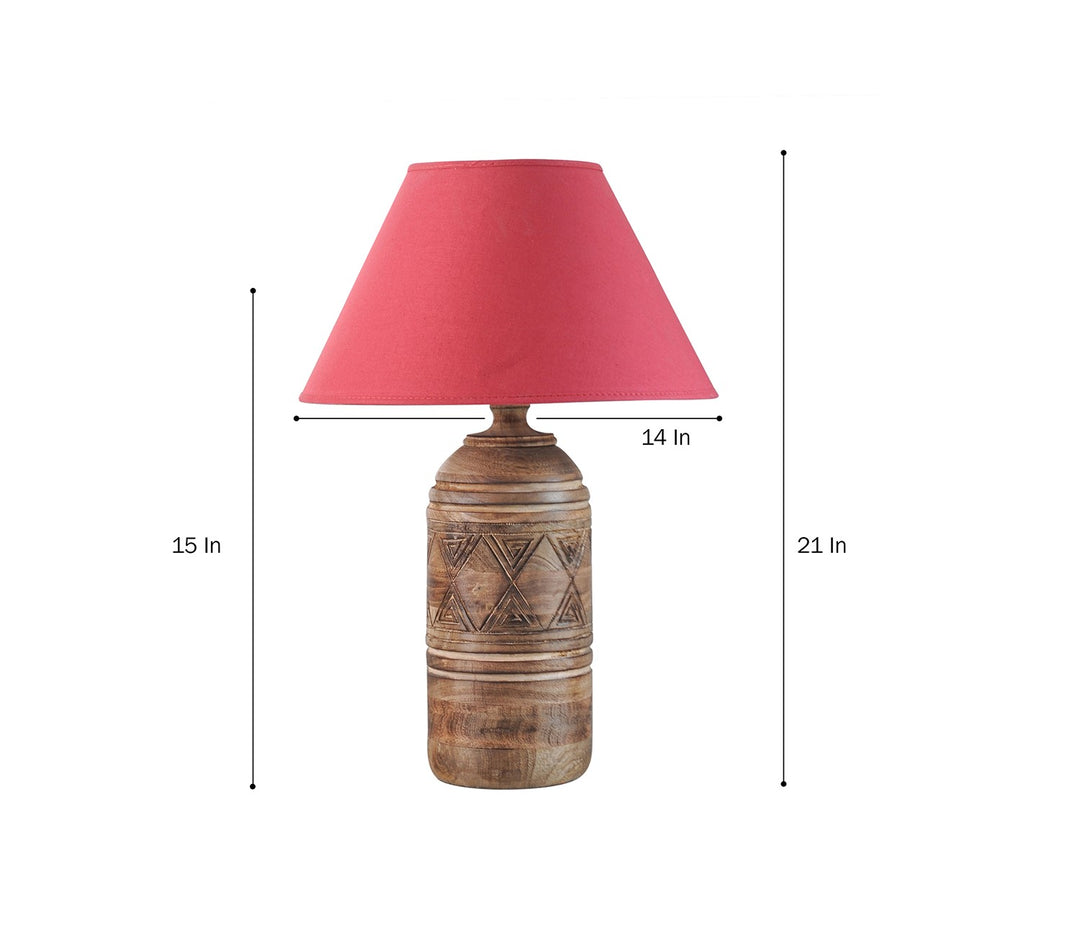Natural Wood Table Lamp with Maroon Cotton Shade
