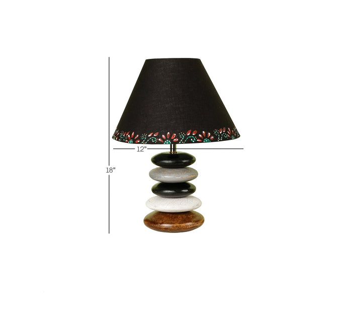 Handcrafted Distressed Wood Table Lamp with Multicolor Accents and Black Shade