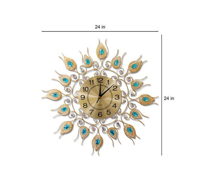 Golden Blue Flower Diamond Studded Metal Wall Clock