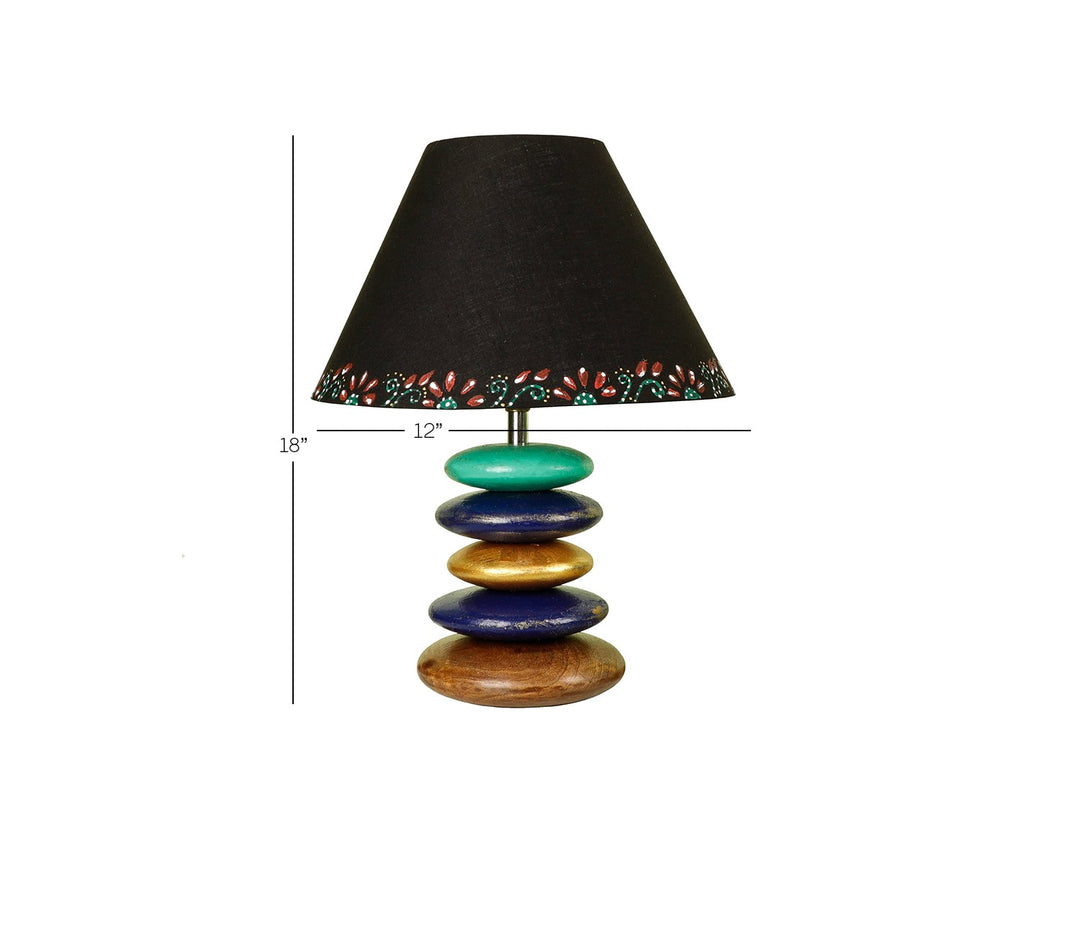 Handcrafted Wooden Table Lamp with Blue Accents and Black Shade