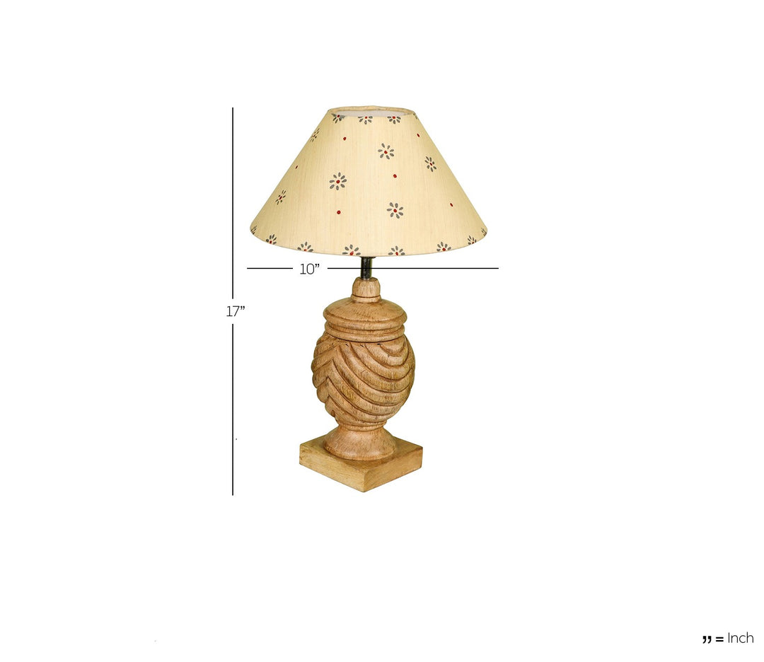 Hand-Carved Sheesham Wood Table Lamp with Ring Detail & Floral Beige Shade (Medium)