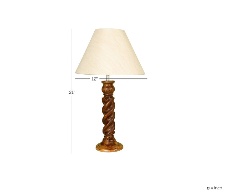 Hand-Carved Wooden Table Lamp with Rope Detail & Beige Shade (Large)