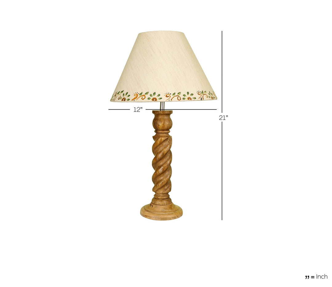 Hand-Carved Sheesham Wood Table Lamp with Textured Rope Base & Bordered Beige Shade (Large)