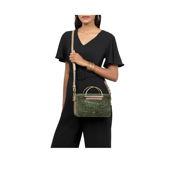 Green Leather Sling Bag | Exquisite Emerald Shiny Baby Croco Sling Bag