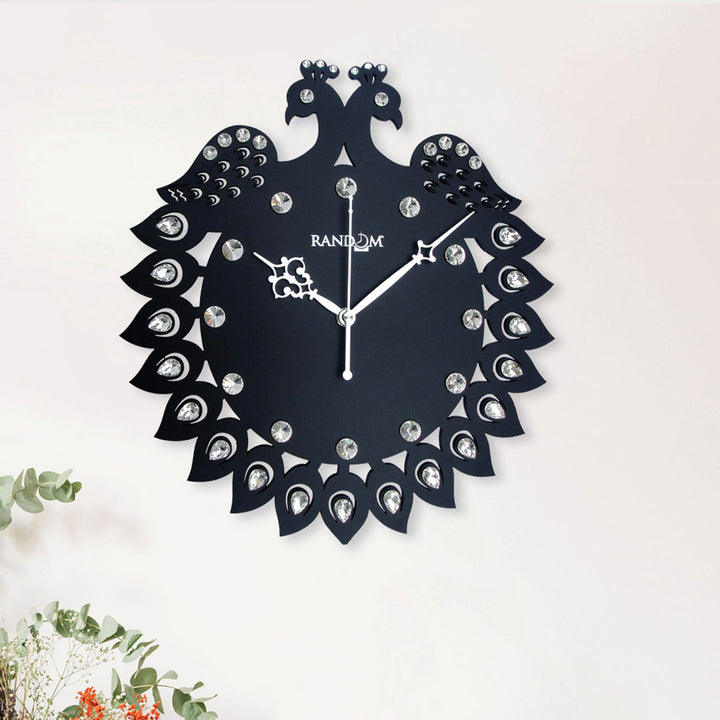 Striking Black Wooden Jewel Peacock Wall Clock