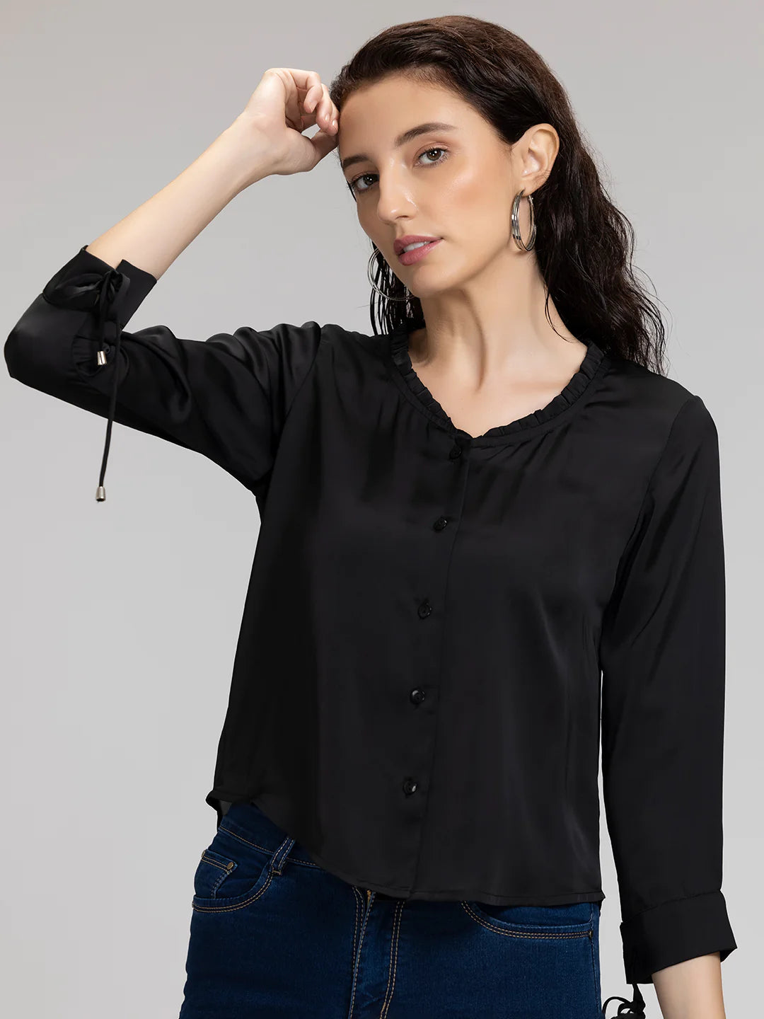 Black Frill Neck Shirt for Women | Elegant Black Satin Frill Neck Shirt