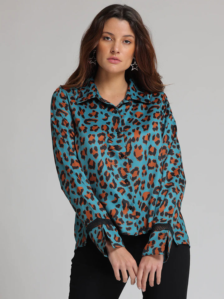 Teal Shirt for Women | Teal Leopard Print High-Low Shirt