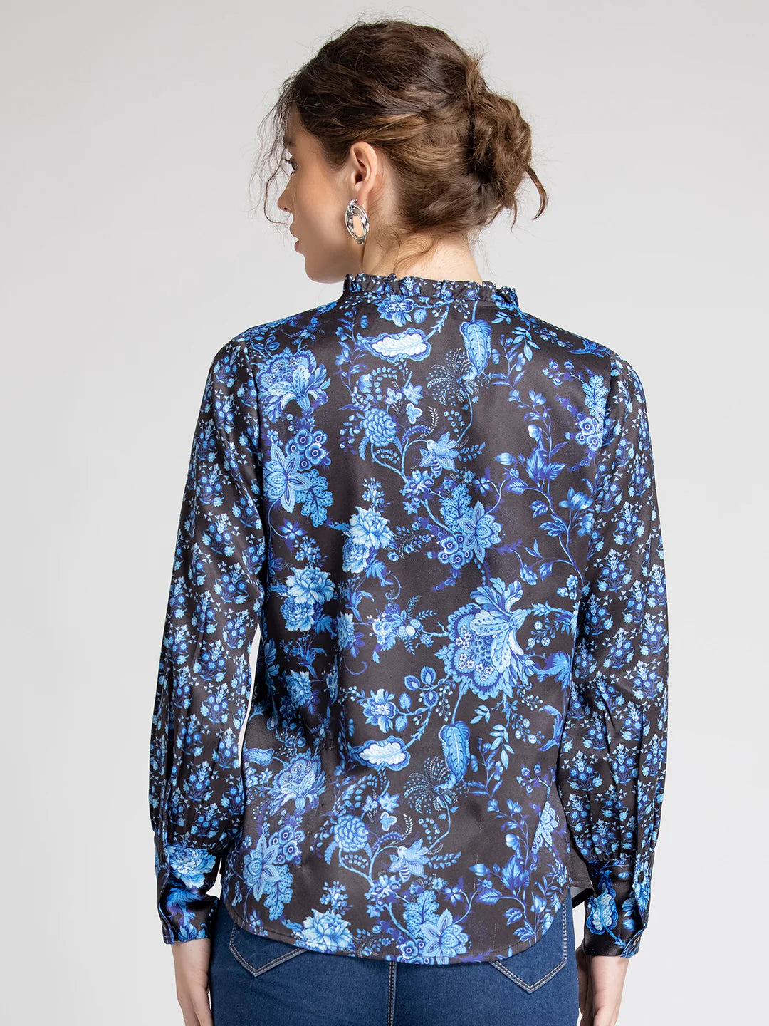 Printed Satin Shirt for Women | Indigo Bloom Printed Satin Shirt