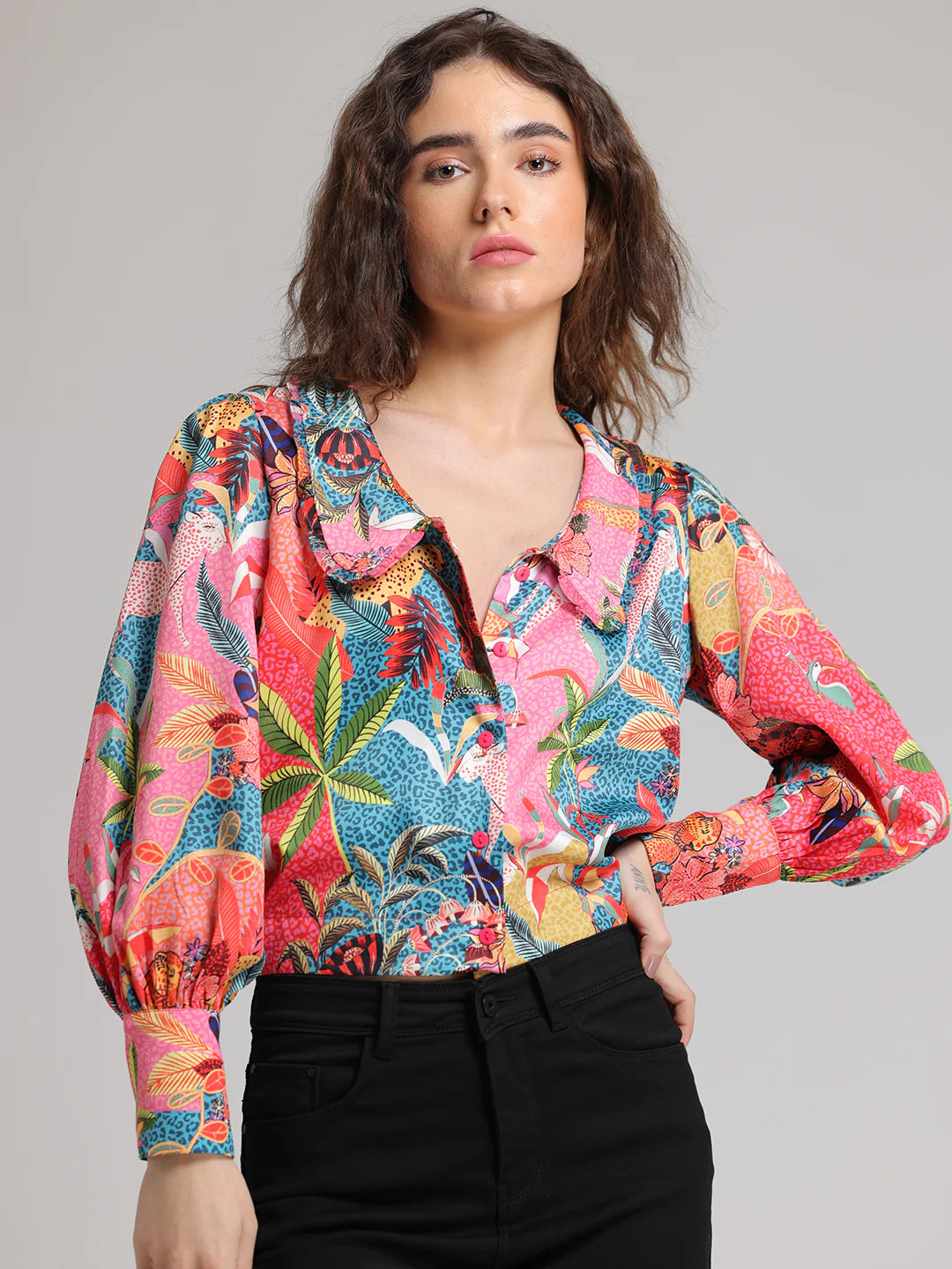 Cropped Satin Shirt | Tropical Vibes Cropped Satin Shirt