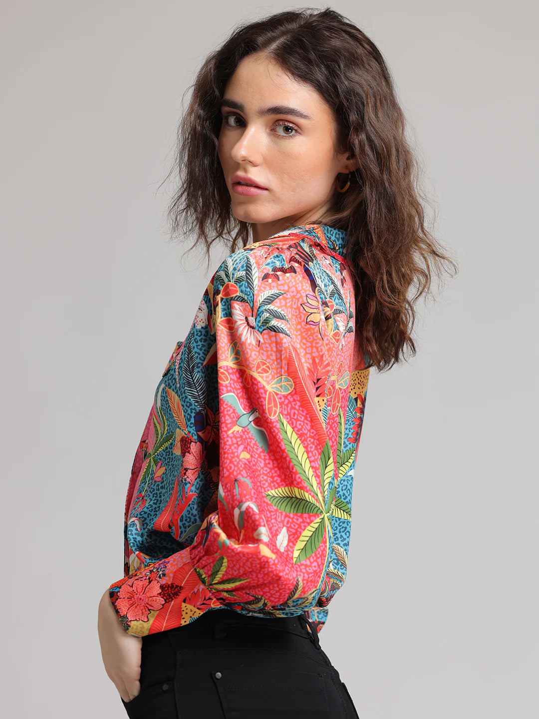 Cropped Satin Shirt | Tropical Vibes Cropped Satin Shirt