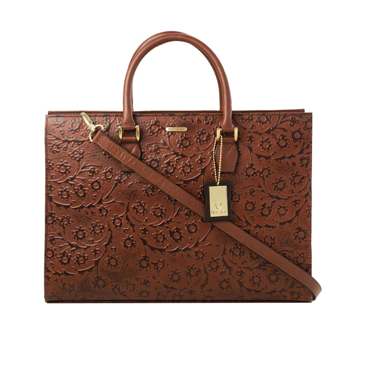Brown Leather Laptop Bag | Classic Flower Embossed Laptop Bag