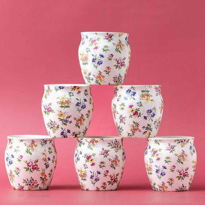 Ceramic Kulhad Set - Premium Floral - 6 Pieces - White | Premium Floral Ceramic Kulhad Set of 6 - White