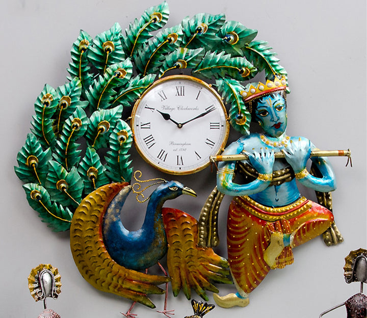 Striking Krishna with Iron Peacock Wall Clock
