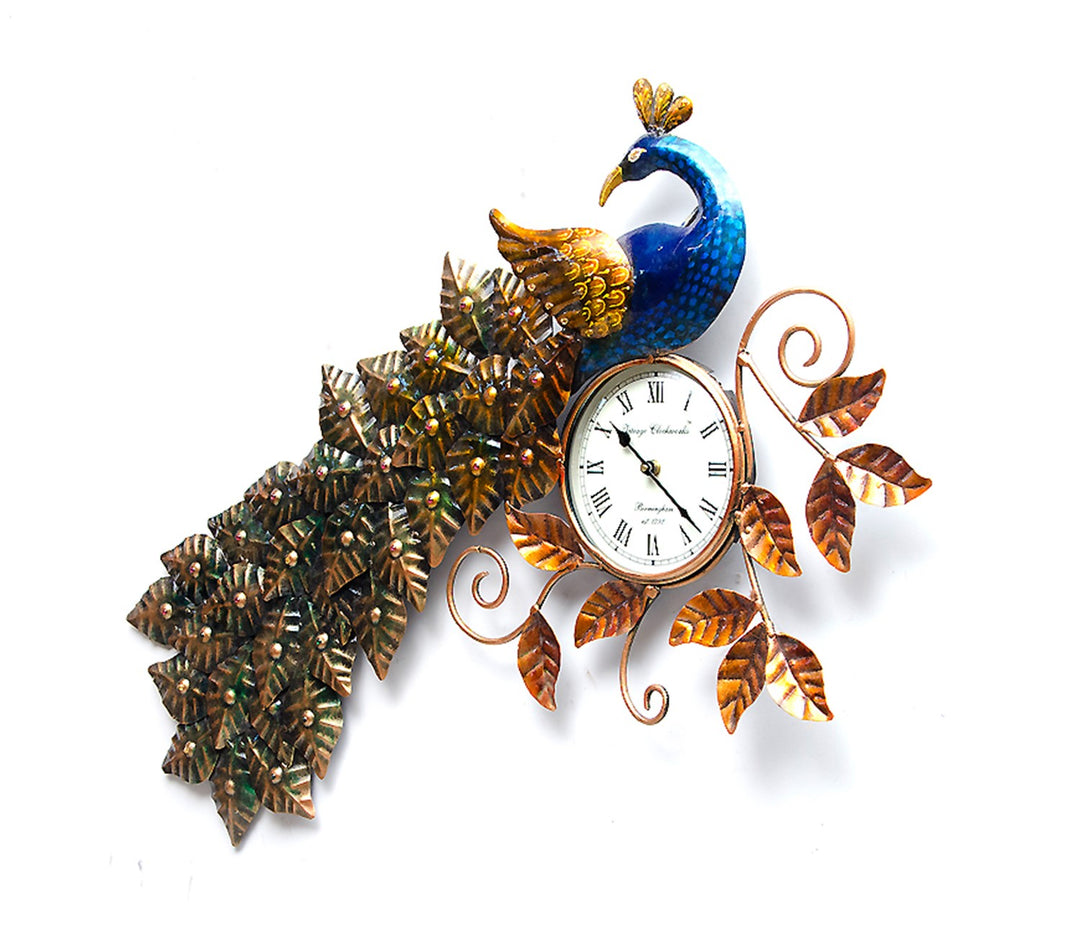 Striking Blue Iron Peacock Feather Decorative Wall Clock